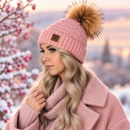 peach Cashmere real fur bobble Knit hat