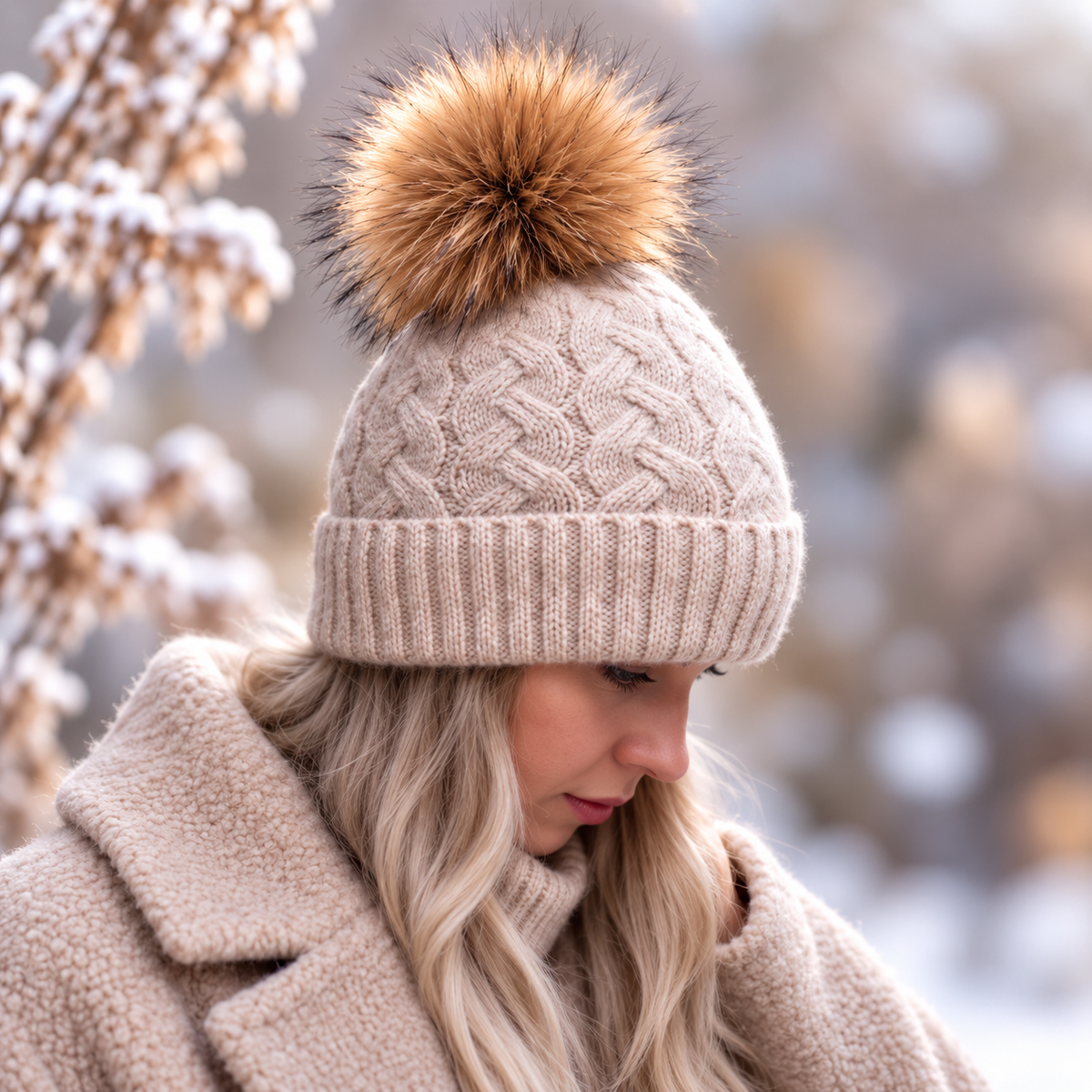 light brown Cashmere real fur bobble Knit hat