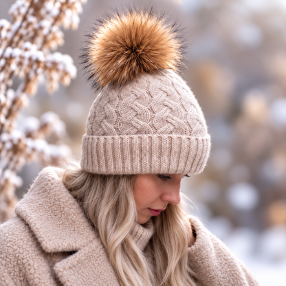 light brown Cashmere real fur bobble Knit hat