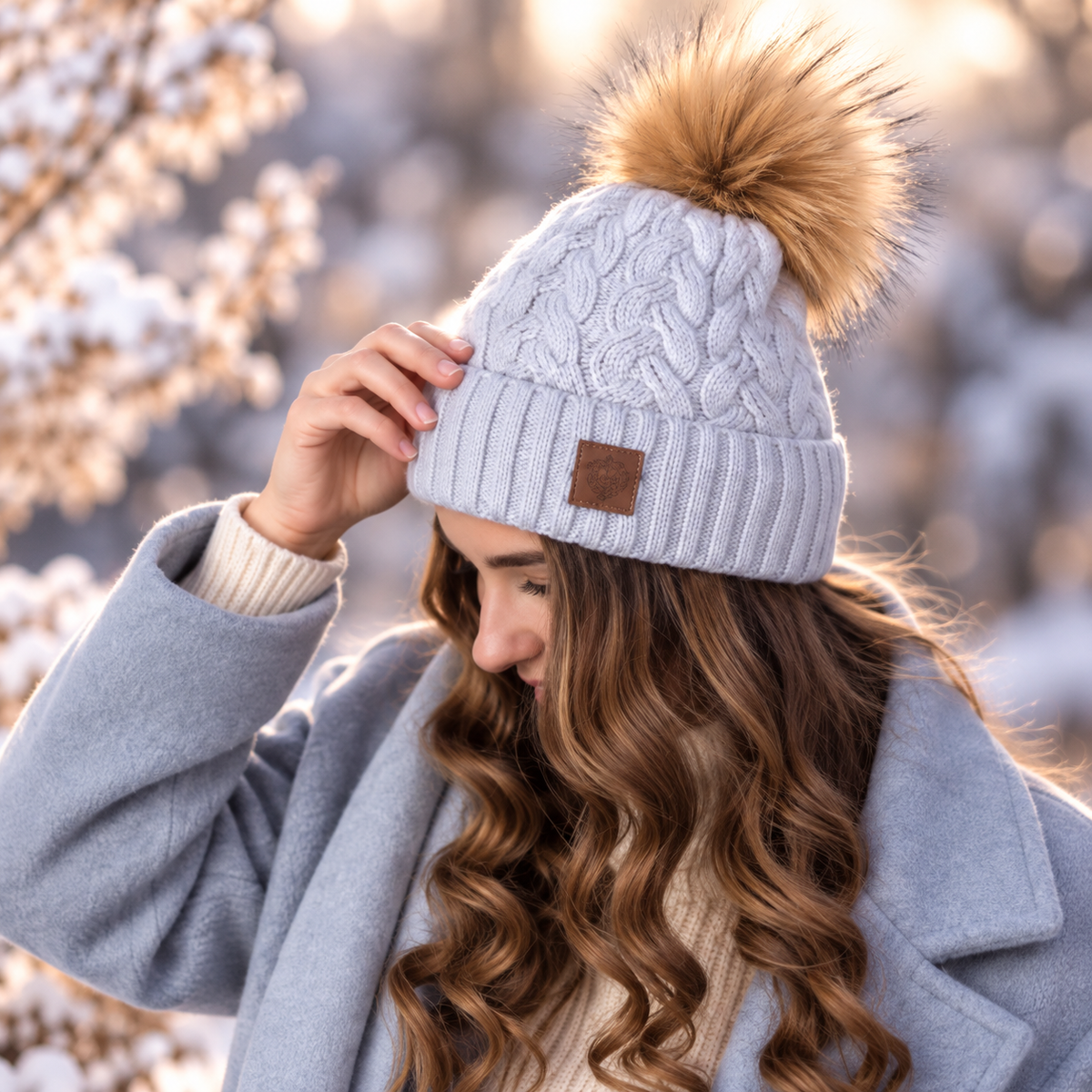 sky blue Cashmere real fur bobble Knit hat