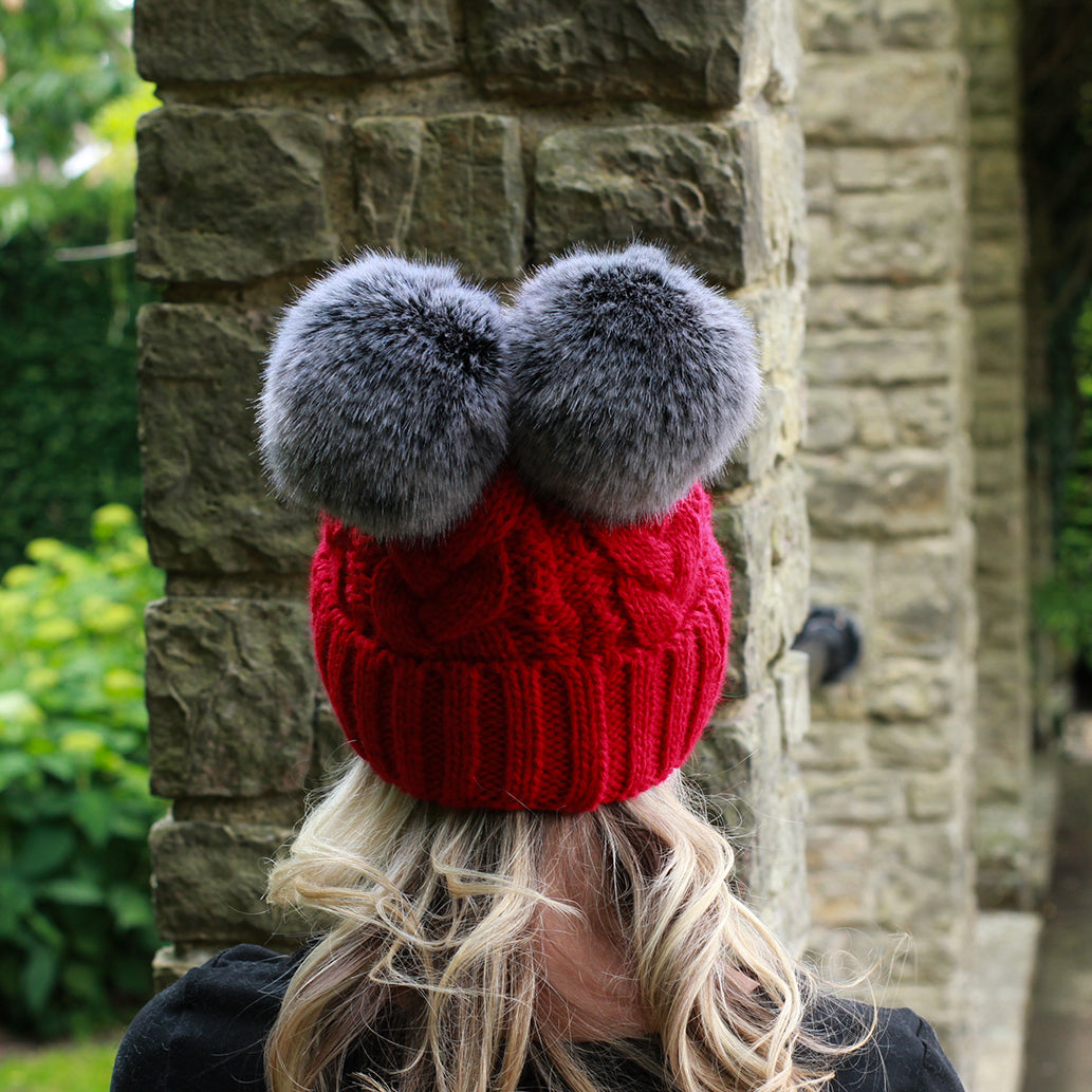 red Women’s Double Pom Pom Winter Hat – Fleece-Lined Wool Beanie, Windproof & Warm, Cute Cold Weather Gift for Girls or Her