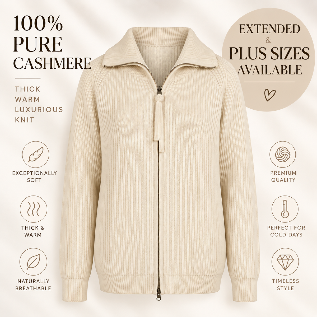 beige Women’s 100% Pure Cashmere Sweater – Thick Knit, Extended Sizes