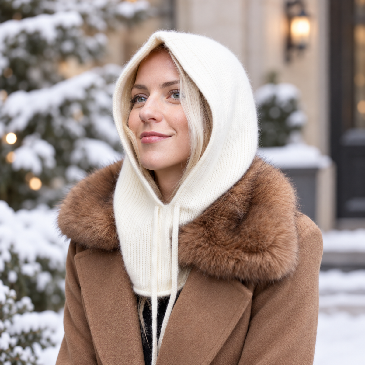 beige Cashmere Balaclava – Women’s Winter Hood Hat