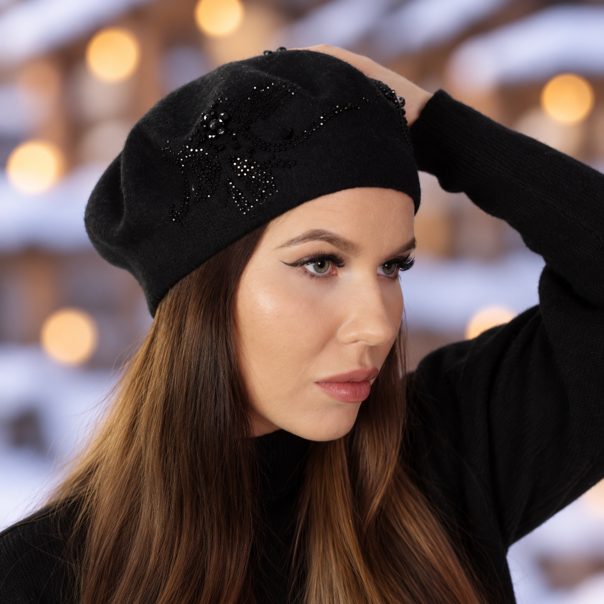 black Women’s Cashmere Beret with Crystal Detail