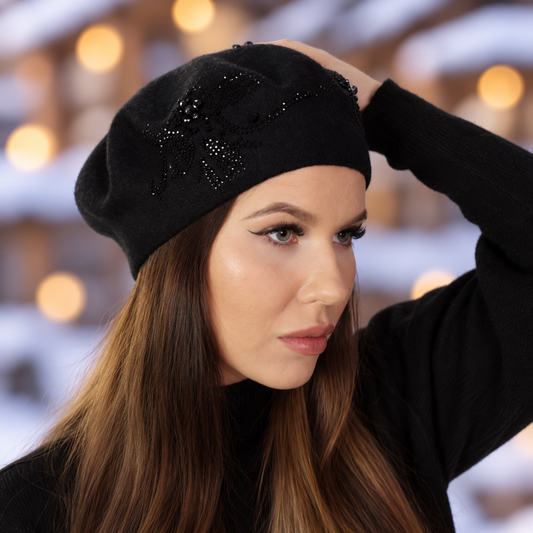 black Women’s Cashmere Beret with Crystal Detail