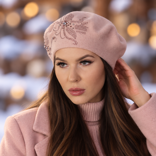 blush Women’s Cashmere Beret with Crystal Detail