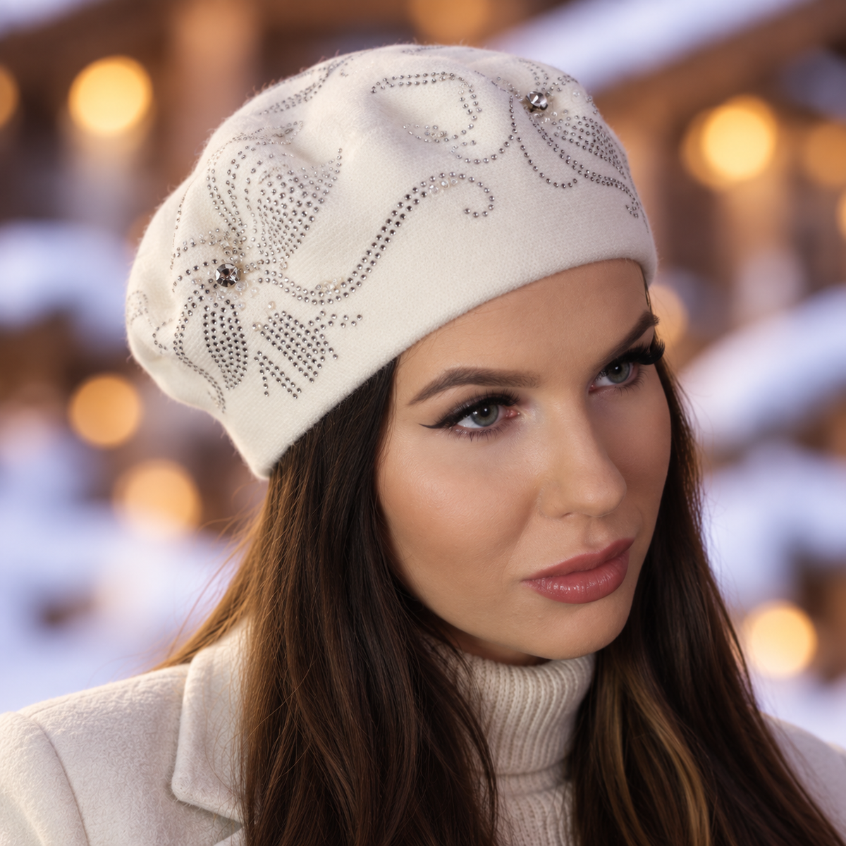 white Women’s Cashmere Beret with Crystal Detail
