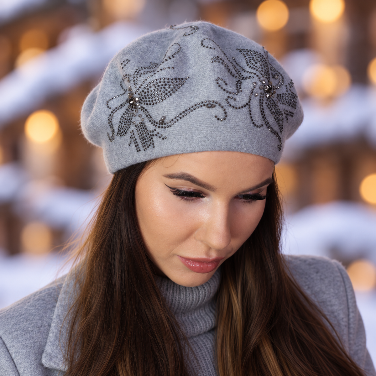 grey Women’s Cashmere Beret with Crystal Detail