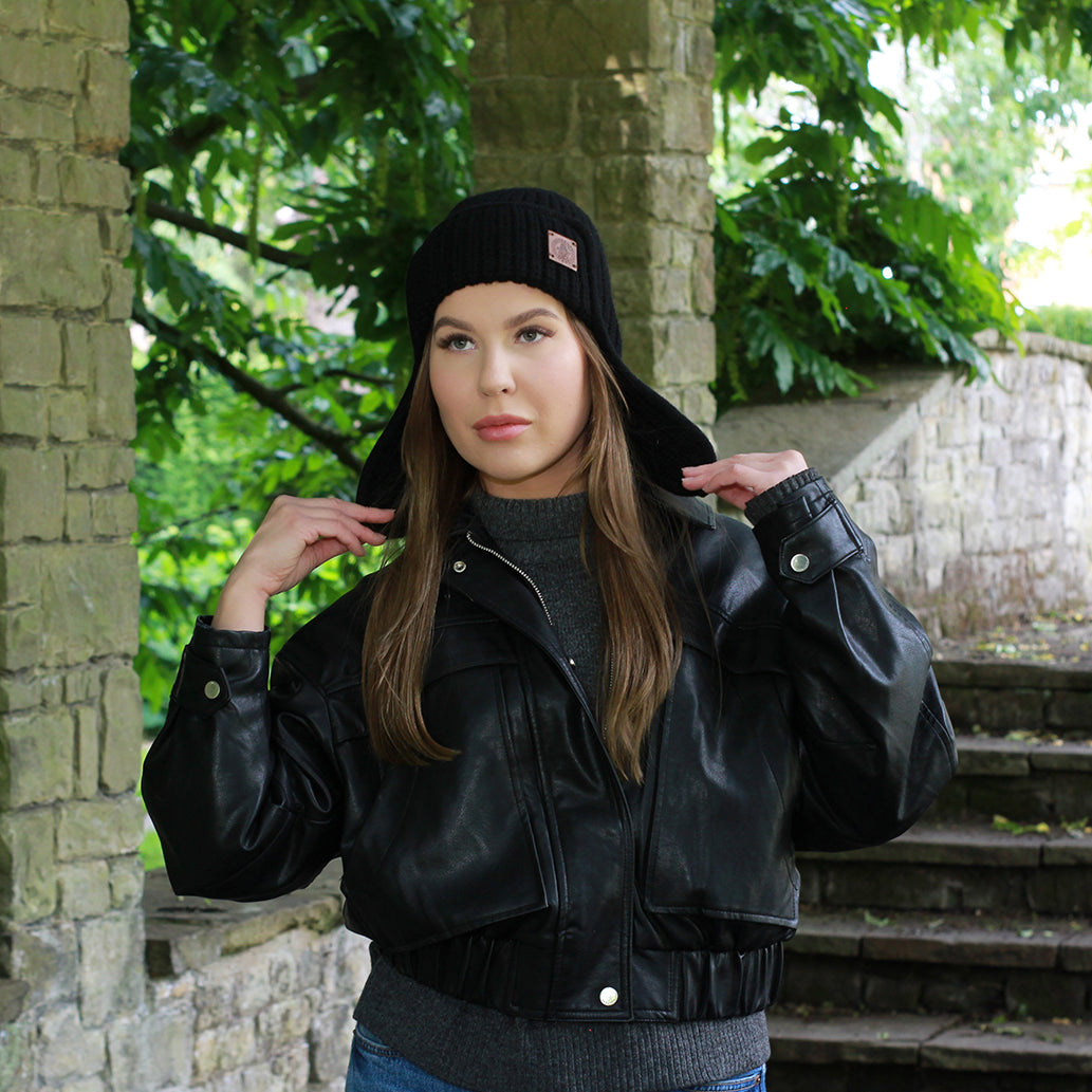 black Women’s Winter Cashmere Earflap Hat – Soft Trapper Style Beanie, Lightweight and Cozy Cold Weather Hat, Stylish Gift for Her