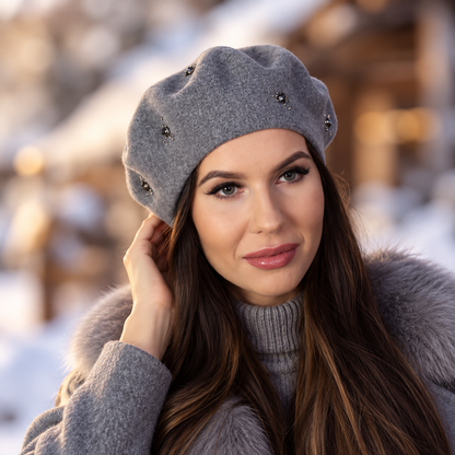grey Women’s Cashmere Beret with Crystal Spider Embroidery