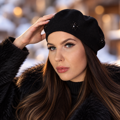 black Women’s Cashmere Beret with Crystal Spider Embroidery