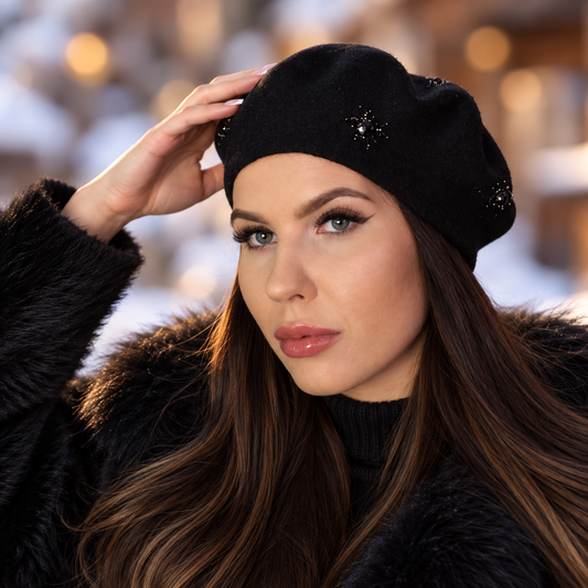 black Women’s Cashmere Beret with Crystal Spider Embroidery