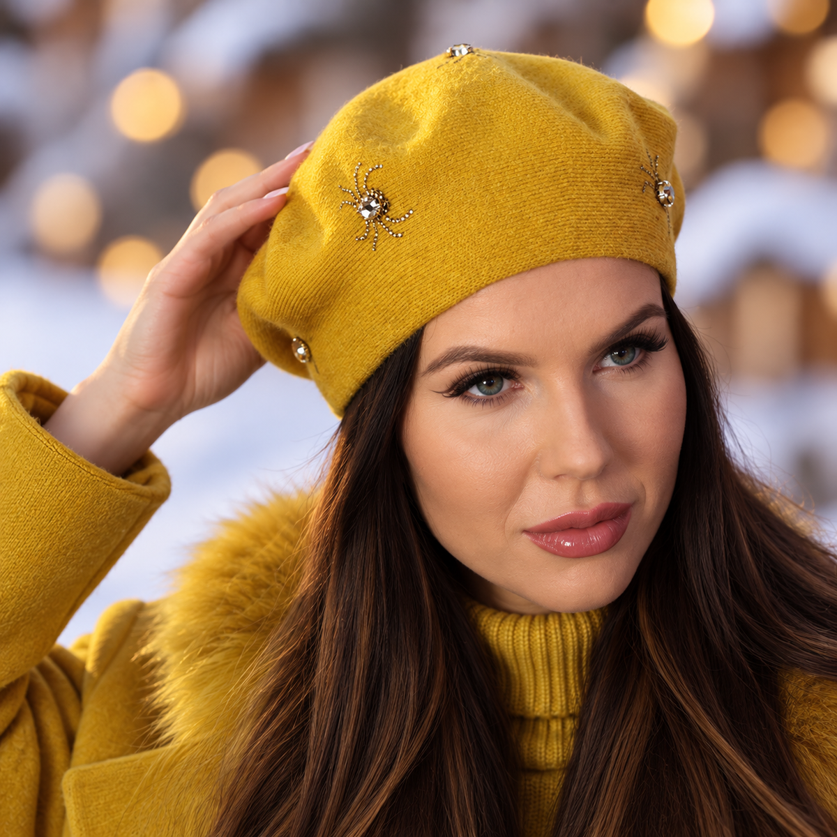 yellow Women’s Cashmere Beret with Crystal Spider Embroidery