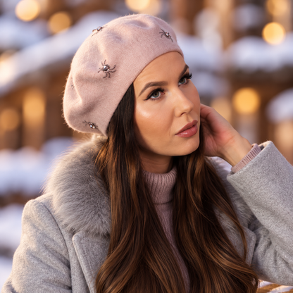 pink Women’s Cashmere Beret with Crystal Spider Embroidery