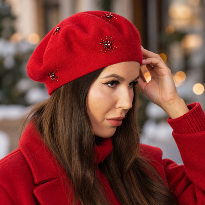 red Women’s Cashmere Beret with Crystal Spider Embroidery