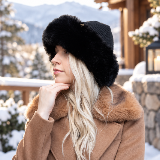 black Women’s Cashmere Hat with Faux Fur Trim