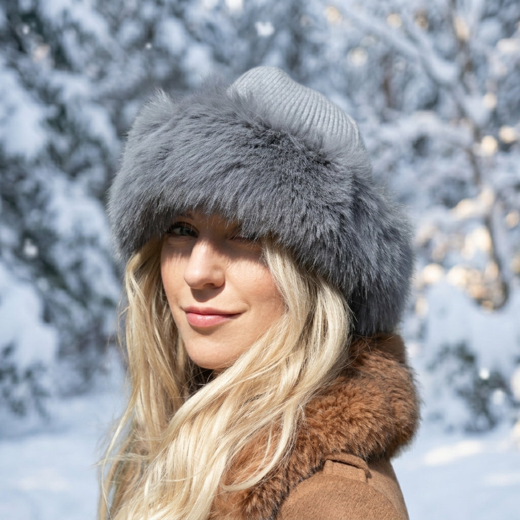 grey Women’s Cashmere Hat with Faux Fur Trim
