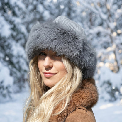 grey Women’s Cashmere Hat with Faux Fur Trim