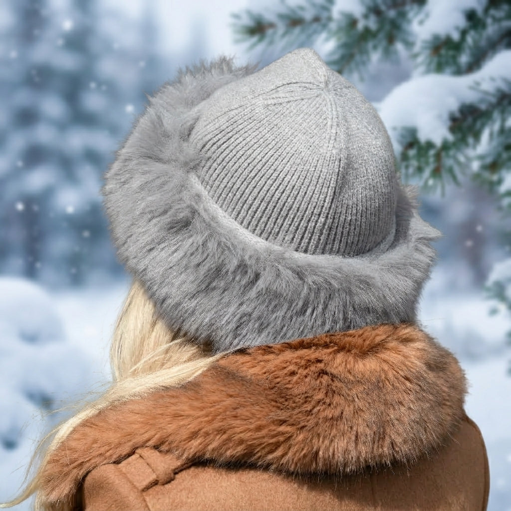 grey Women’s Cashmere Hat with Faux Fur Trim