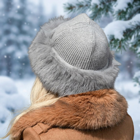 grey Women’s Cashmere Hat with Faux Fur Trim