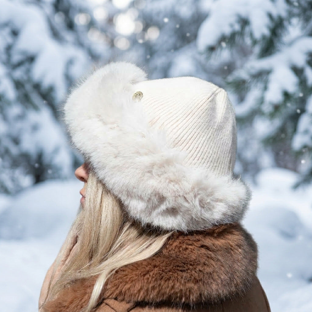 beige Women’s Cashmere Hat with Faux Fur Trim