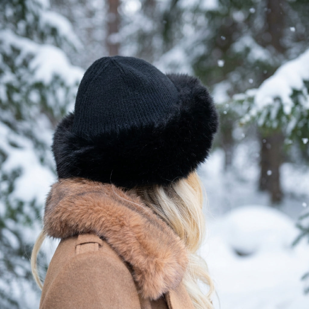 black Women’s Cashmere Hat with Faux Fur Trim
