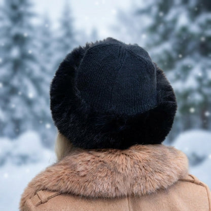 black Women’s Cashmere Hat with Faux Fur Trim