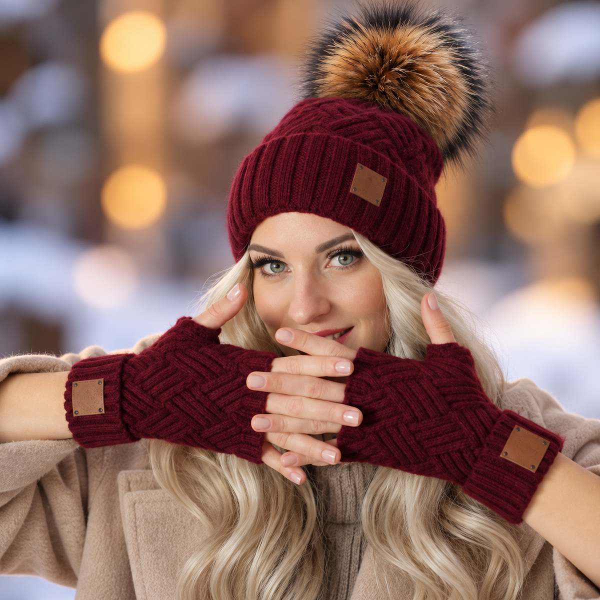 burgundy CASHMERE HAT & GLOVES SET – SOFT • WARM • ELEGANT