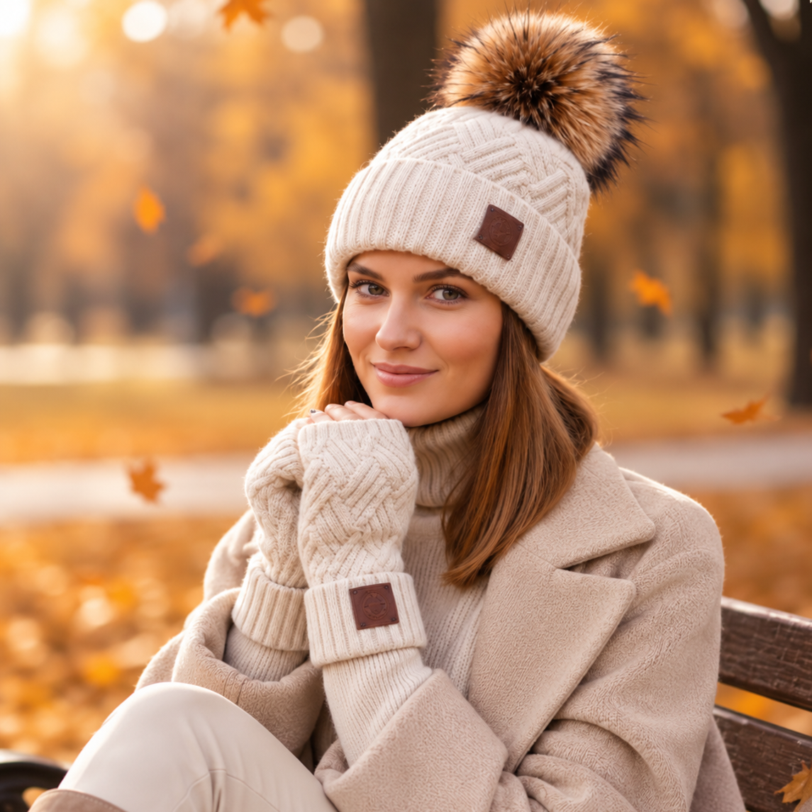 beige CASHMERE HAT & GLOVES SET – SOFT • WARM • ELEGANT