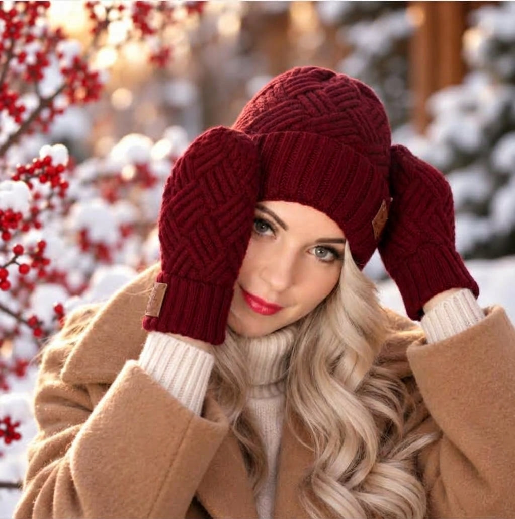 burgundy Cashmere mittens gloves for women
