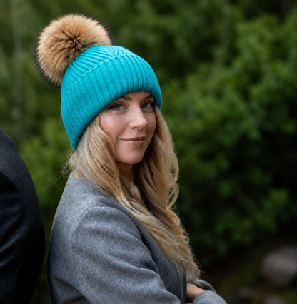 teal Satin-Lined Women’s Cashmere Beanie with Faux Fur Pom Pom
