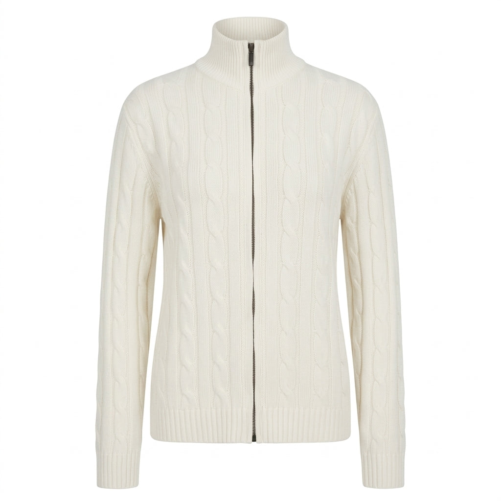 white Women’s 100% Pure Cashmere Zip Cardigan – Soft & Warm Cable Knit
