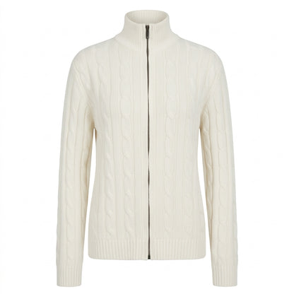 white Women’s 100% Pure Cashmere Zip Cardigan – Soft & Warm Cable Knit