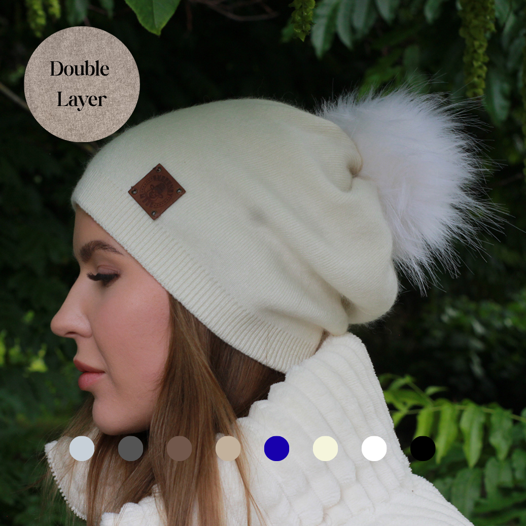 white Cashmere Winter Hat for Women – Soft Double Layer Beanie, Warm and Breathable Knit Faux Fur Pom Pom Hat, Elegant Cold Weather Gift for Her