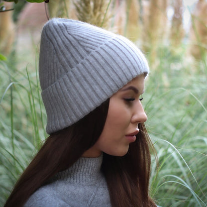 grey Silk-Lined Women’s Cashmere Hat – Soft & Warm Winter Beanie, Great for Curly Hair, Luxury Gift for Her
