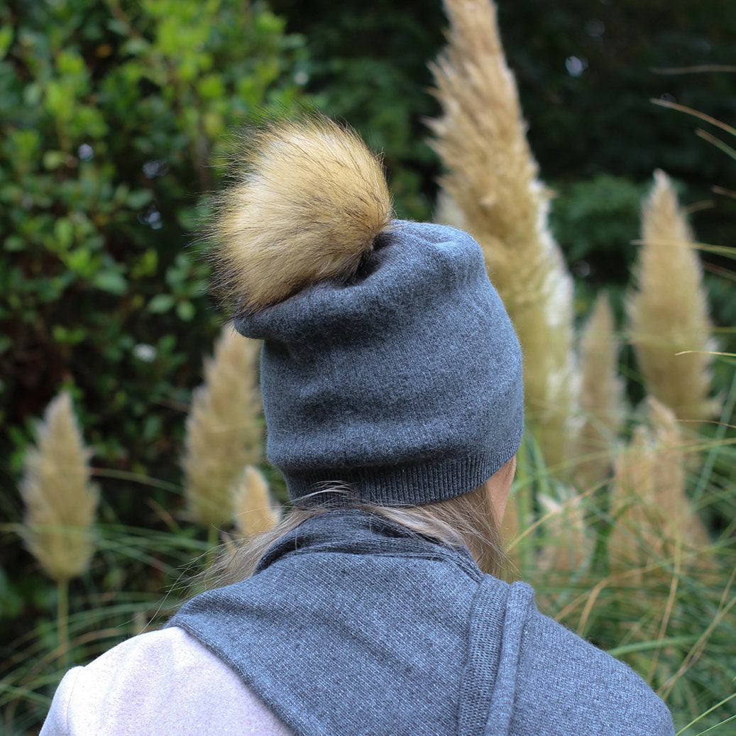 dark grey  grey Cashmere Faux fur pom pom hat