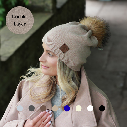 blush Cashmere Winter Hat for Women – Soft Double Layer Beanie, Warm and Breathable Knit Faux Fur Pom Pom Hat, Elegant Cold Weather Gift for Her