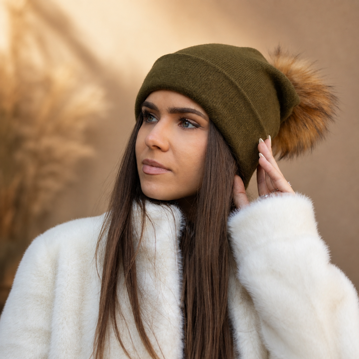 olive green Women’s Double-Layer Cashmere Beanie – 2-in-1 Style