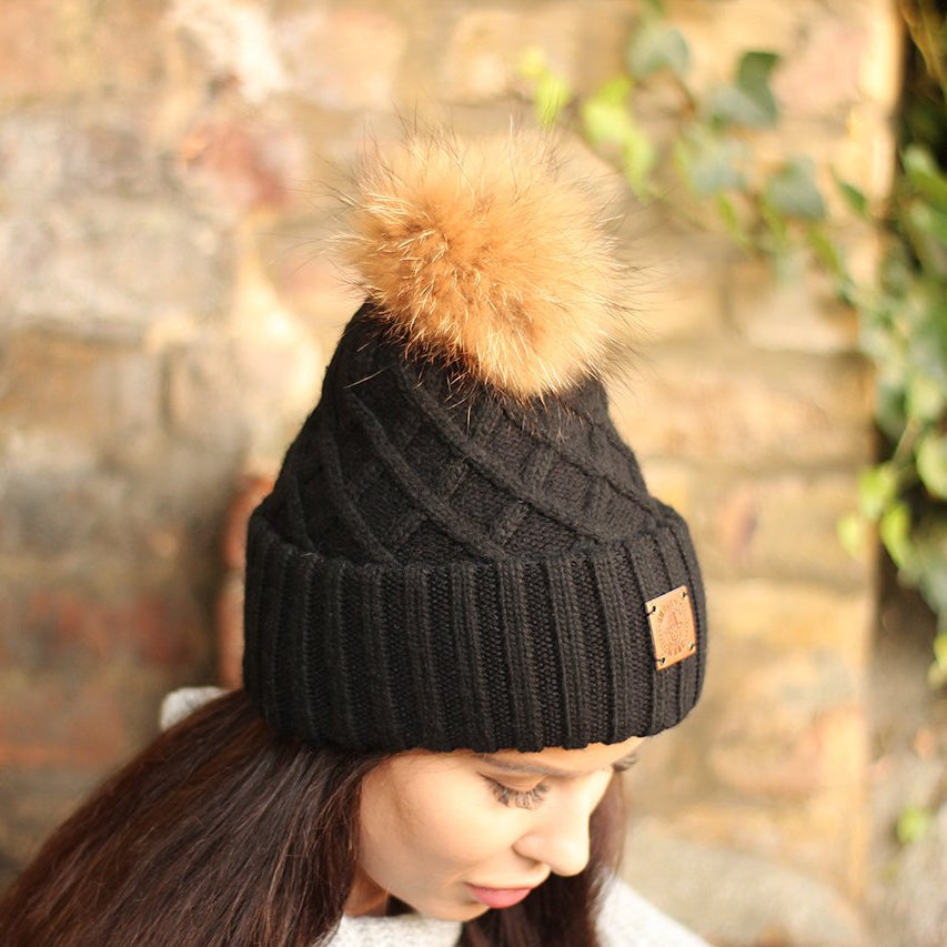 Camel Brown Pure Cashmere Fur Pom Pom Cable Knit Beanie Hat