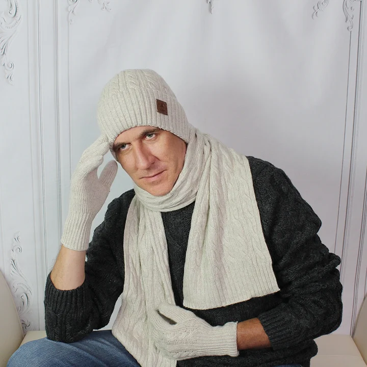 Cashmere set for men: hat, gloves, scarf set, Knit set, cozy and super soft women winter cashmere set. Gift for him. - CHANTARELLA BEIGE